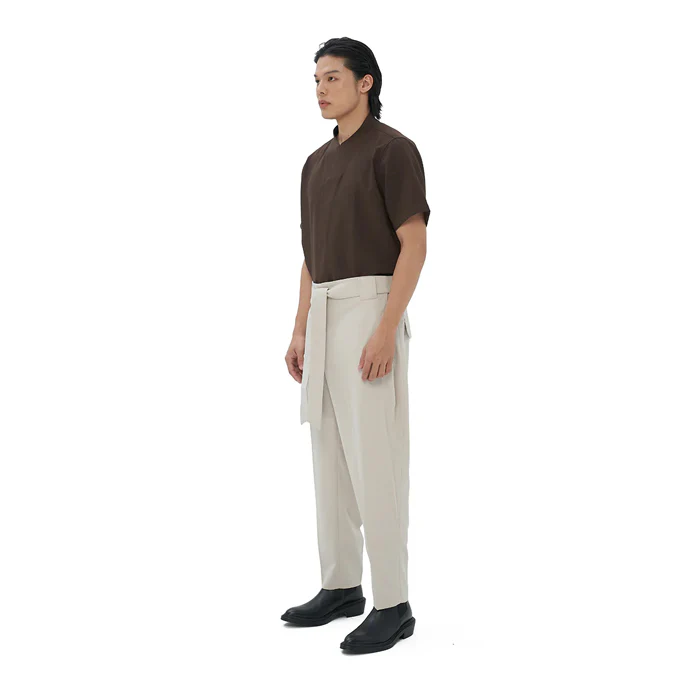 BEIGE LOOSE PANTS WITH SNAP BUTTON PLEATED WAISTBAND - Image 3