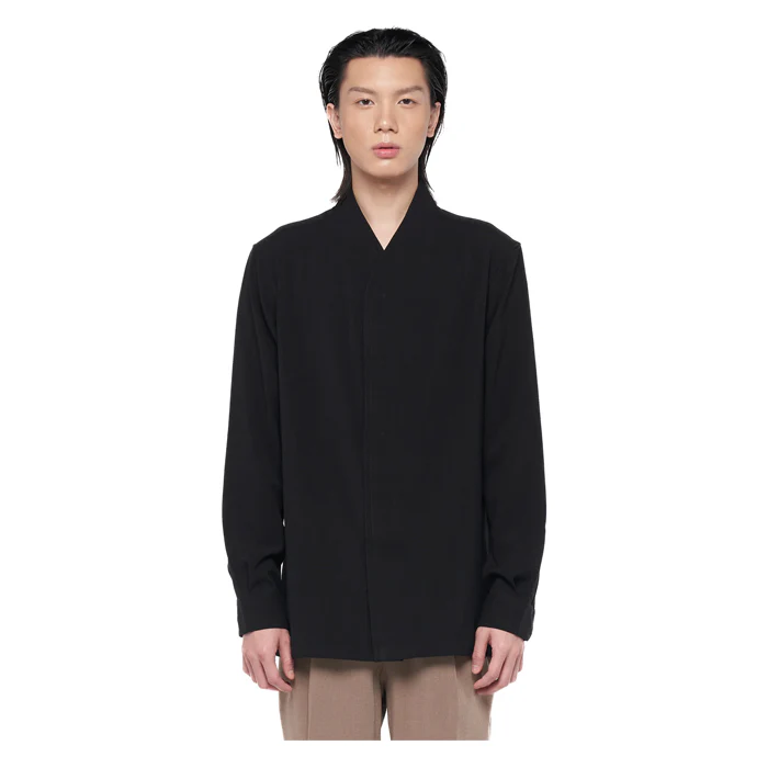 BLACK COLLARLESS WITH DOUBLE PLACKET LONG SLEEVES SHIRT