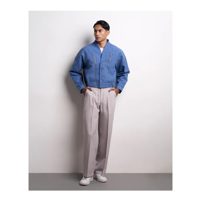 BLUE COLLARLESS CARDIGAN - Image 3