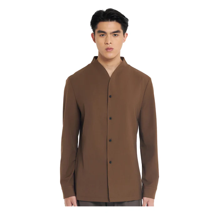 BROWN COLLARLESS LONG-SLEEVE SHIRT WITH VISIBLE BUTTONS – SLIM FIT