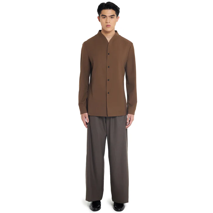 BROWN COLLARLESS LONG-SLEEVE SHIRT WITH VISIBLE BUTTONS – SLIM FIT - Image 2