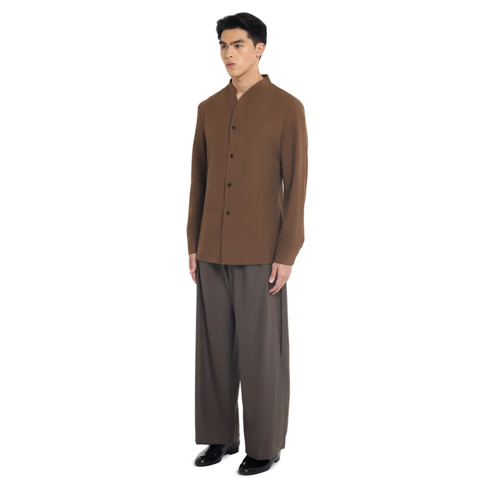 BROWN COLLARLESS LONG-SLEEVE SHIRT WITH VISIBLE BUTTONS – SLIM FIT - Image 3