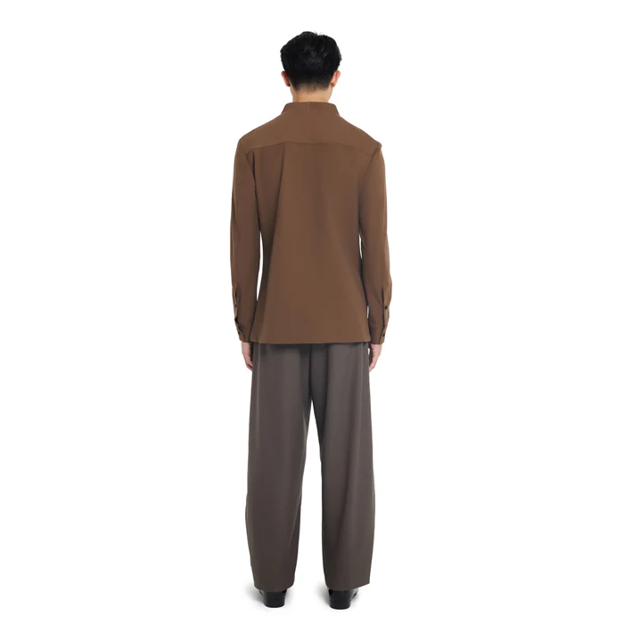 BROWN COLLARLESS LONG-SLEEVE SHIRT WITH VISIBLE BUTTONS – SLIM FIT - Image 4