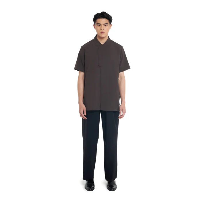 BROWN COLLARLESS PART 6 SHORT SLEEVES SHIRT - Image 2