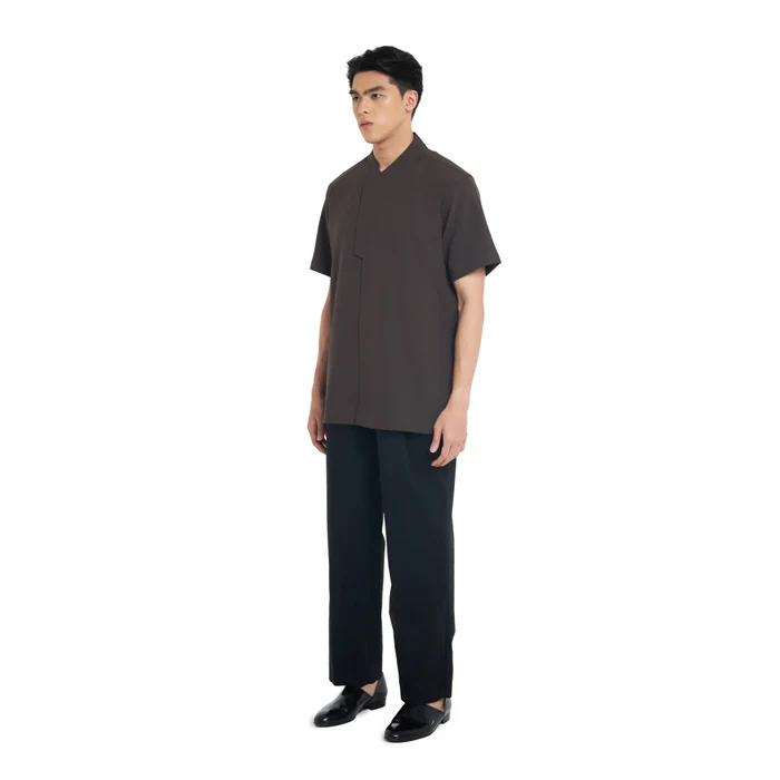 BROWN COLLARLESS PART 6 SHORT SLEEVES SHIRT - Image 3