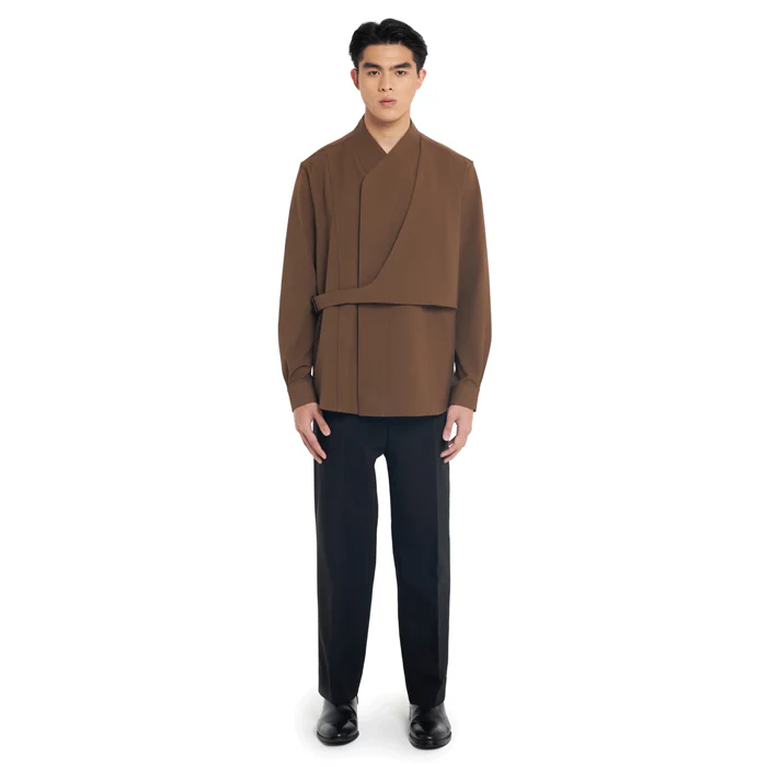 BROWN COLLARLESS SHIRT WITH LAYERED VEST LONGSLEEVES - Image 2