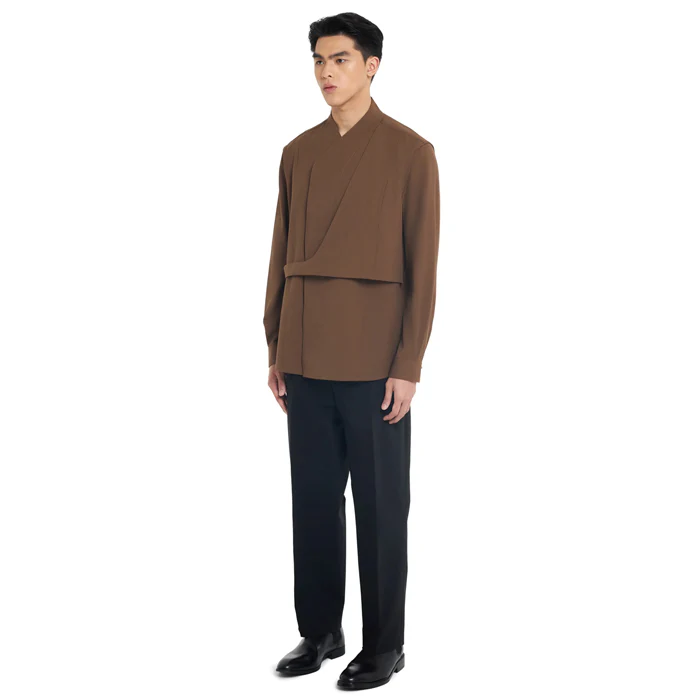 BROWN COLLARLESS SHIRT WITH LAYERED VEST LONGSLEEVES - Image 3