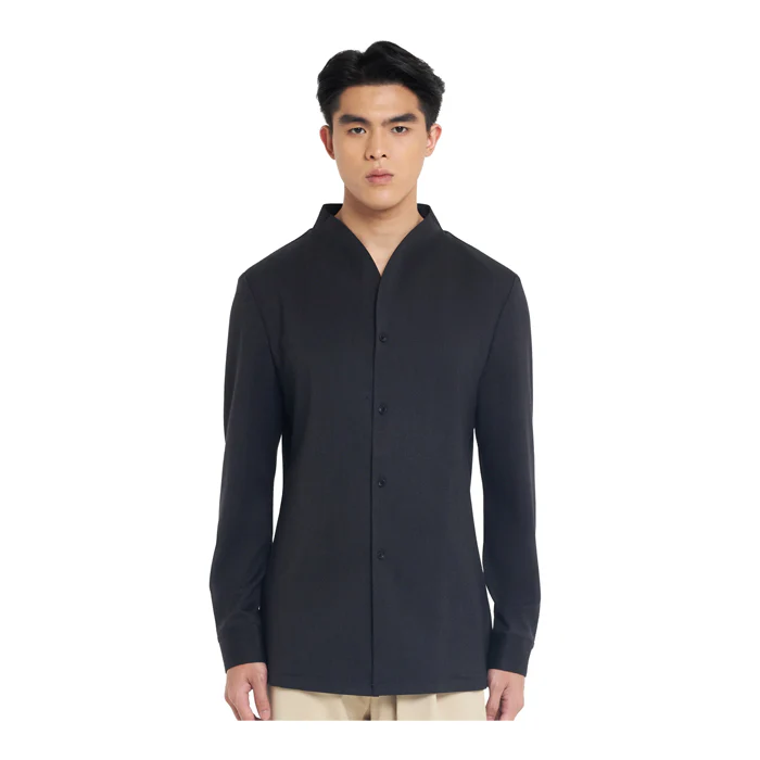 CHARCOAL COLLARLESS LONG-SLEEVE SHIRT WITH VISIBLE BUTTONS ā SLIM FIT