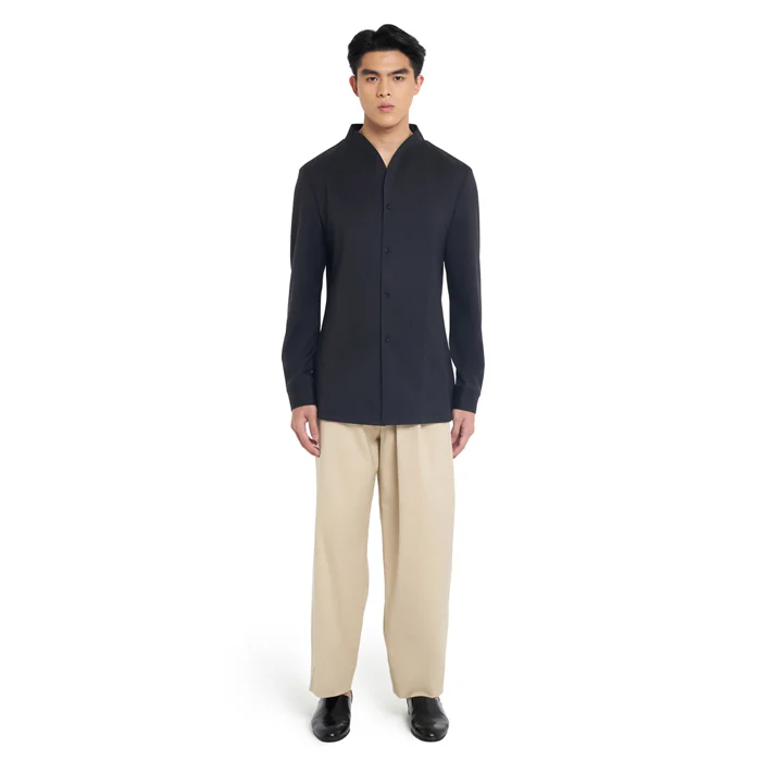 CHARCOAL COLLARLESS LONG-SLEEVE SHIRT WITH VISIBLE BUTTONS ā SLIM FIT - Image 2