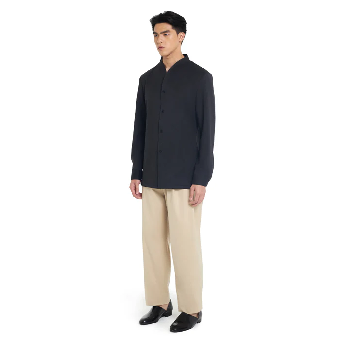 CHARCOAL COLLARLESS LONG-SLEEVE SHIRT WITH VISIBLE BUTTONS ā SLIM FIT - Image 3