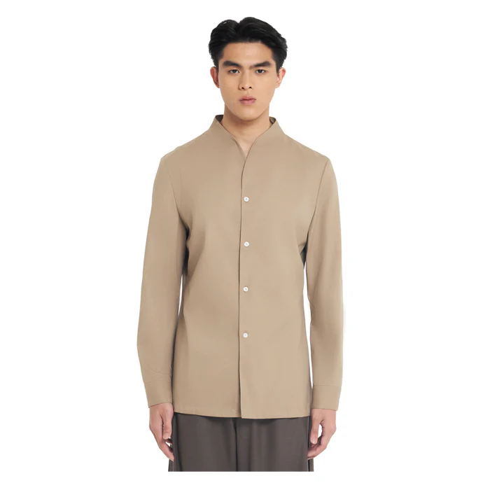 BEIGE COLLARLESS LONG-SLEEVE SHIRT WITH VISIBLE BUTTONS ā SLIM FIT