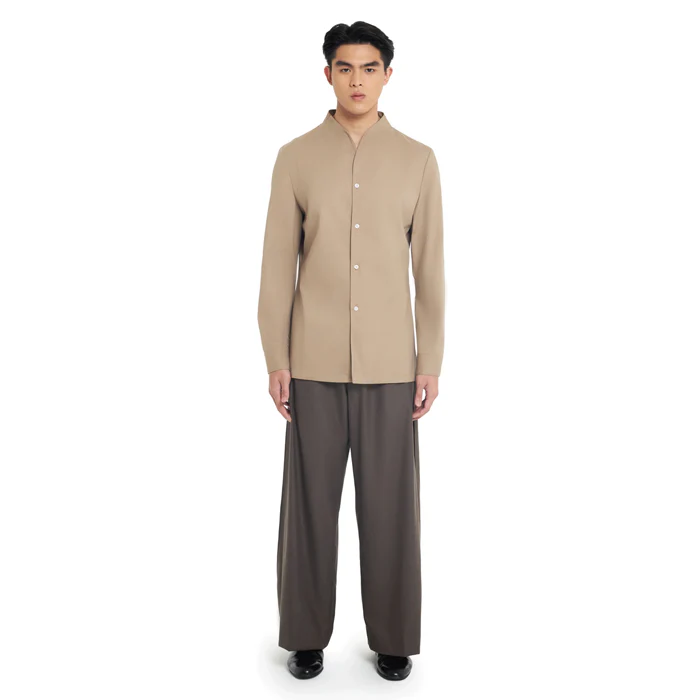 BEIGE COLLARLESS LONG-SLEEVE SHIRT WITH VISIBLE BUTTONS ā SLIM FIT - Image 2