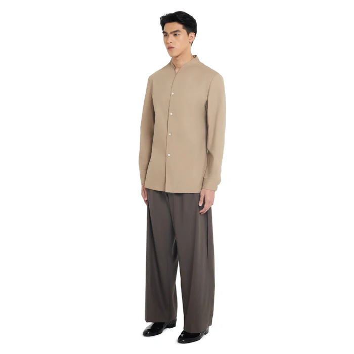 BEIGE COLLARLESS LONG-SLEEVE SHIRT WITH VISIBLE BUTTONS ā SLIM FIT - Image 3