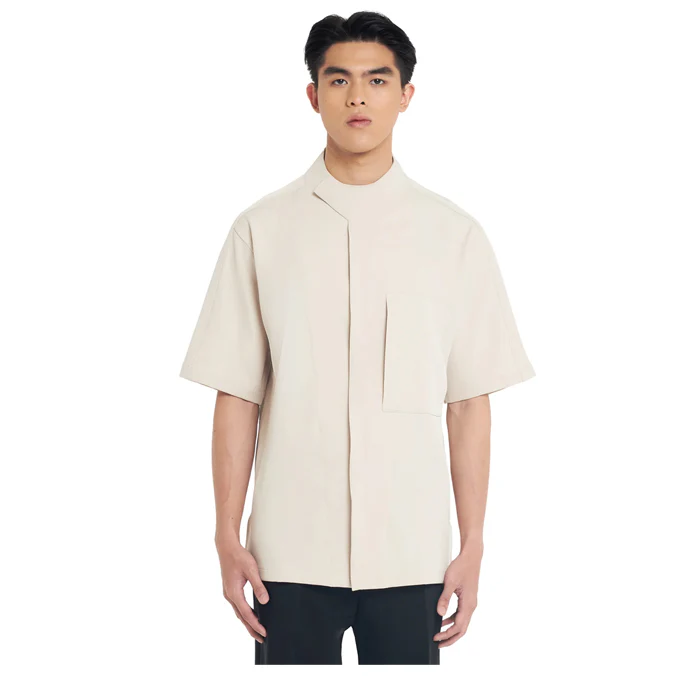 CREAM OVERSIZED COLLARLESS SHIRT WITH OVERLAP DETAIL