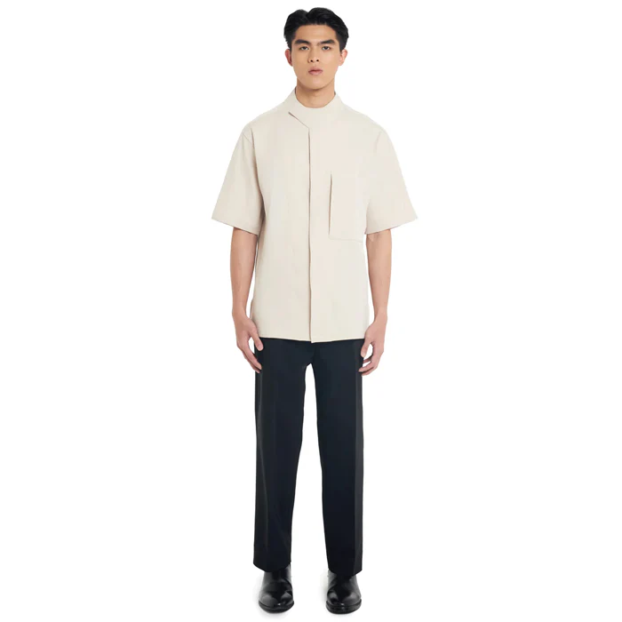 CREAM OVERSIZED COLLARLESS SHIRT WITH OVERLAP DETAIL - Image 2