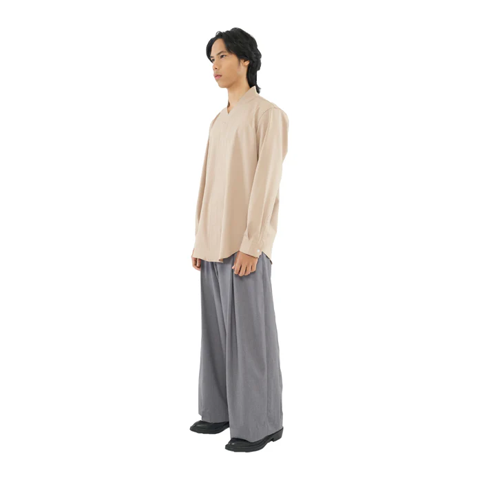 DARK BEIGE COLLARLESS LONG SLEEVES SHIRT PART 5 JR - Image 3