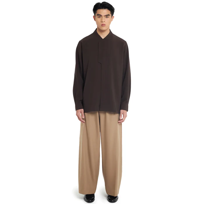 DARK BROWN COLLARLESS PART 6 LONGSLEEVES SHIRT - Image 2