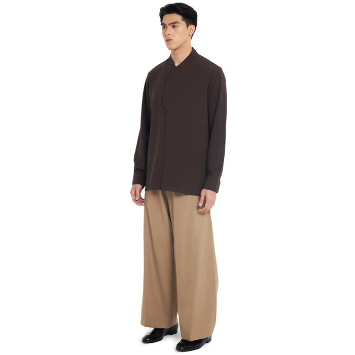 DARK BROWN COLLARLESS PART 6 LONGSLEEVES SHIRT - Image 3