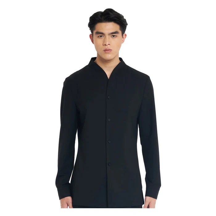 BLACK COLLARLESS LONG-SLEEVE SHIRT WITH VISIBLE BUTTONS ā SLIM FIT