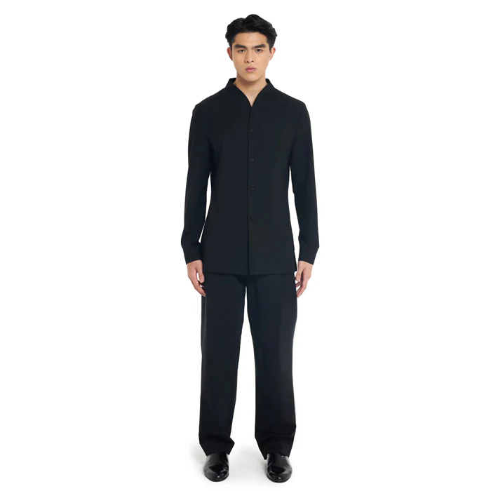 BLACK COLLARLESS LONG-SLEEVE SHIRT WITH VISIBLE BUTTONS ā SLIM FIT - Image 2