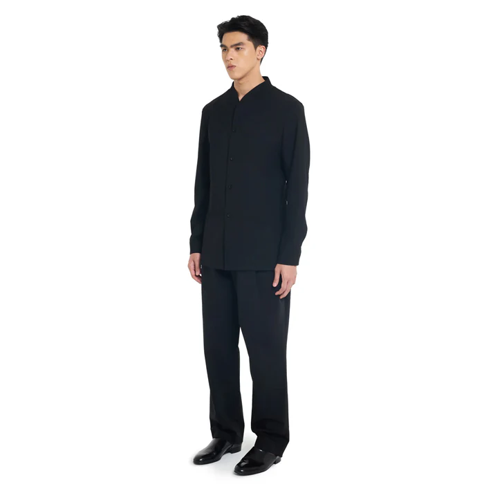 BLACK COLLARLESS LONG-SLEEVE SHIRT WITH VISIBLE BUTTONS ā SLIM FIT - Image 3