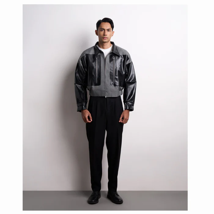 GREY BLACK ZIPPER LEATHER OVERSIZED JACKET - Image 3