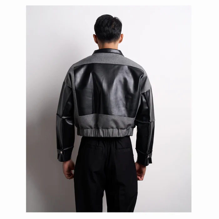 GREY BLACK ZIPPER LEATHER OVERSIZED JACKET - Image 4