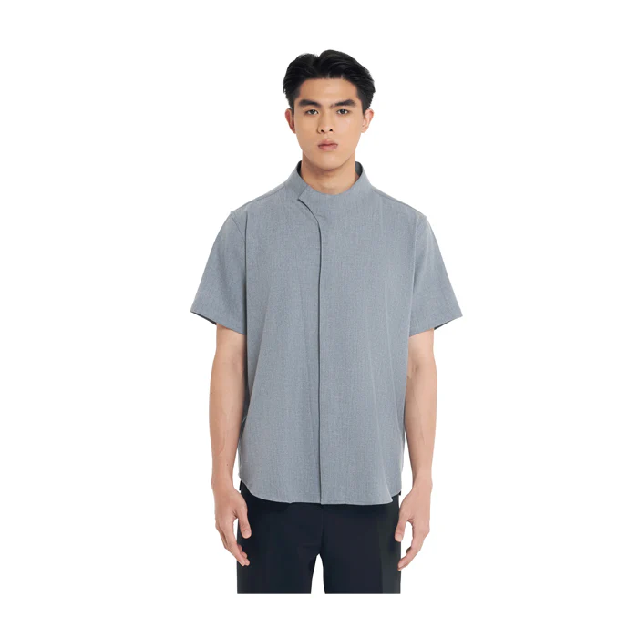GREY COLLARLESS OVERLAP SHORT SLEEVES SHIRT