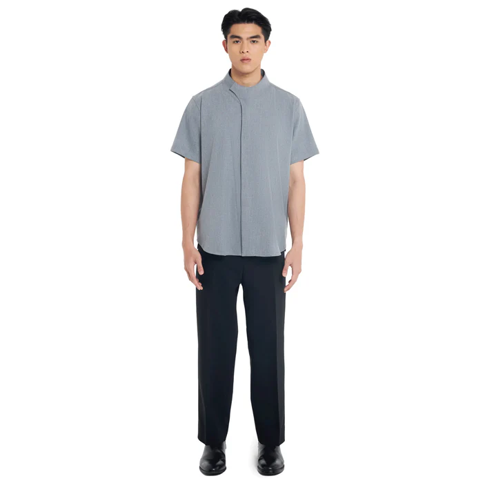GREY COLLARLESS OVERLAP SHORT SLEEVES SHIRT - Image 2