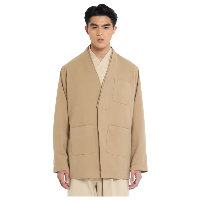 LIGHT BROWN COLLARLESS THREE POCKET OUTER