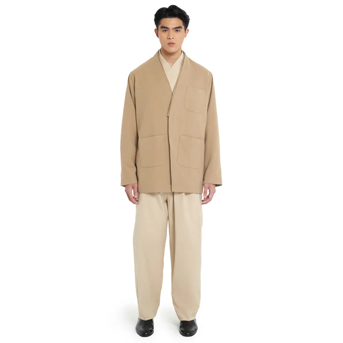 LIGHT BROWN COLLARLESS THREE POCKET OUTER - Image 2