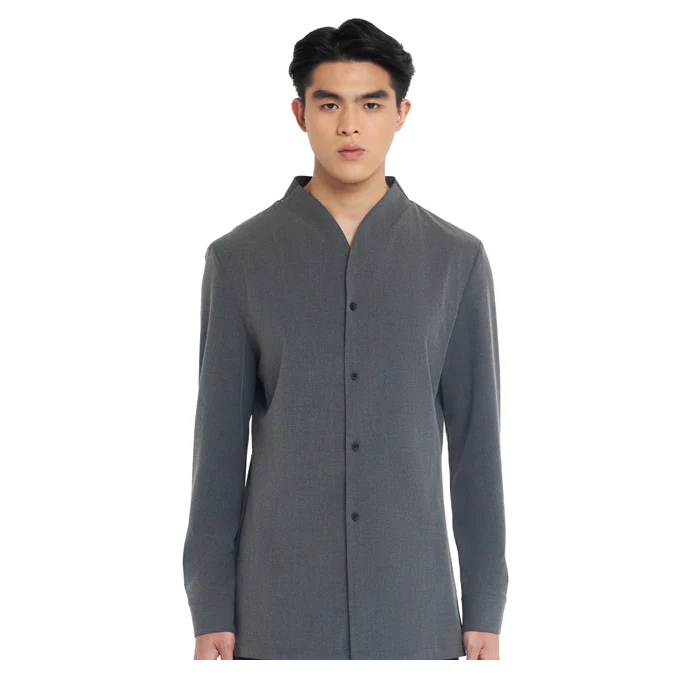 DARK GREY COLLARLESS LONG-SLEEVE SHIRT WITH VISIBLE BUTTONS – SLIM FIT
