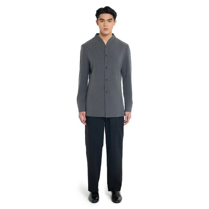 DARK GREY COLLARLESS LONG-SLEEVE SHIRT WITH VISIBLE BUTTONS – SLIM FIT - Image 2
