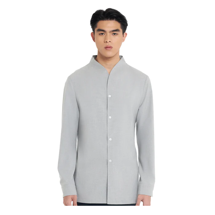 LIGHT GREY COLLARLESS LONG-SLEEVE SHIRT WITH VISIBLE BUTTONS ā SLIM FIT