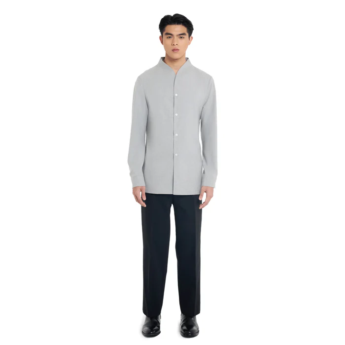 LIGHT GREY COLLARLESS LONG-SLEEVE SHIRT WITH VISIBLE BUTTONS ā SLIM FIT - Image 2