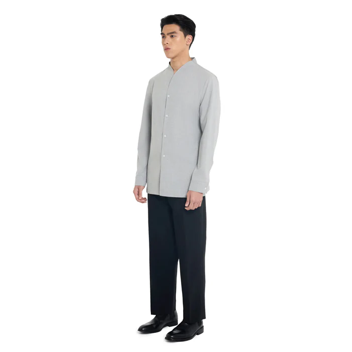 LIGHT GREY COLLARLESS LONG-SLEEVE SHIRT WITH VISIBLE BUTTONS ā SLIM FIT - Image 3