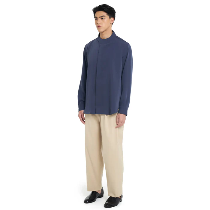 NAVY COLLARLESS OVERLAP LONGSLEEVES SHIRT - Image 3