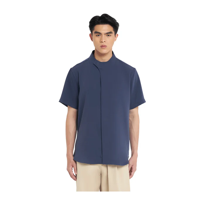 NAVY COLLARLESS OVERLAP SHORT SLEEVES SHIRT