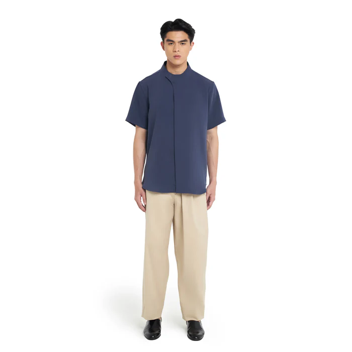 NAVY COLLARLESS OVERLAP SHORT SLEEVES SHIRT - Image 2