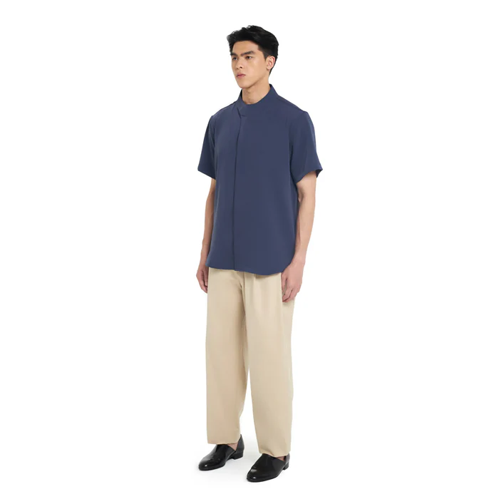 NAVY COLLARLESS OVERLAP SHORT SLEEVES SHIRT - Image 3