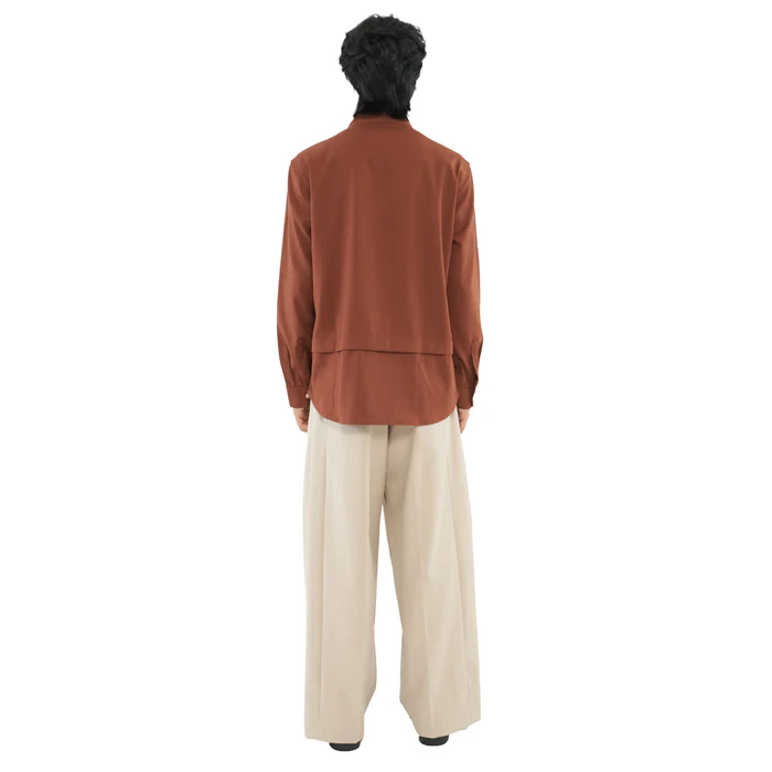 TERRACOTTA COLLARLESS SHIRT WITH PLEATS AND POCKET JS - Image 4